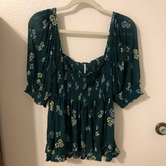 FREE PEOPLE Delta Dawn Emerald Green Floral Mesh Square Neck Smock Top Large - Picture 3 of 11